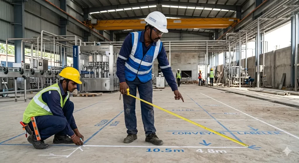 Professional engineers measuring the floor plan for an FSSAI High Risk packaged drinking water plant layout.